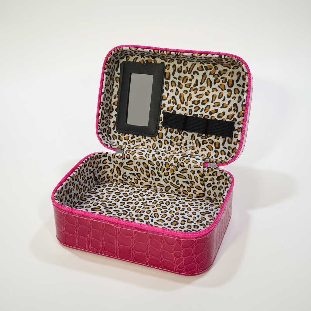 Pink Croco Vanity Case - White Background Open